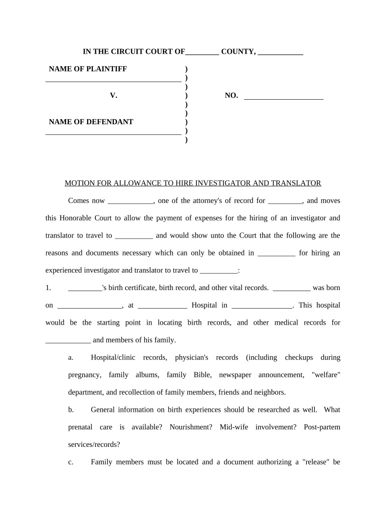 Motion for Allowance to Hire Investigator and Translator  Form