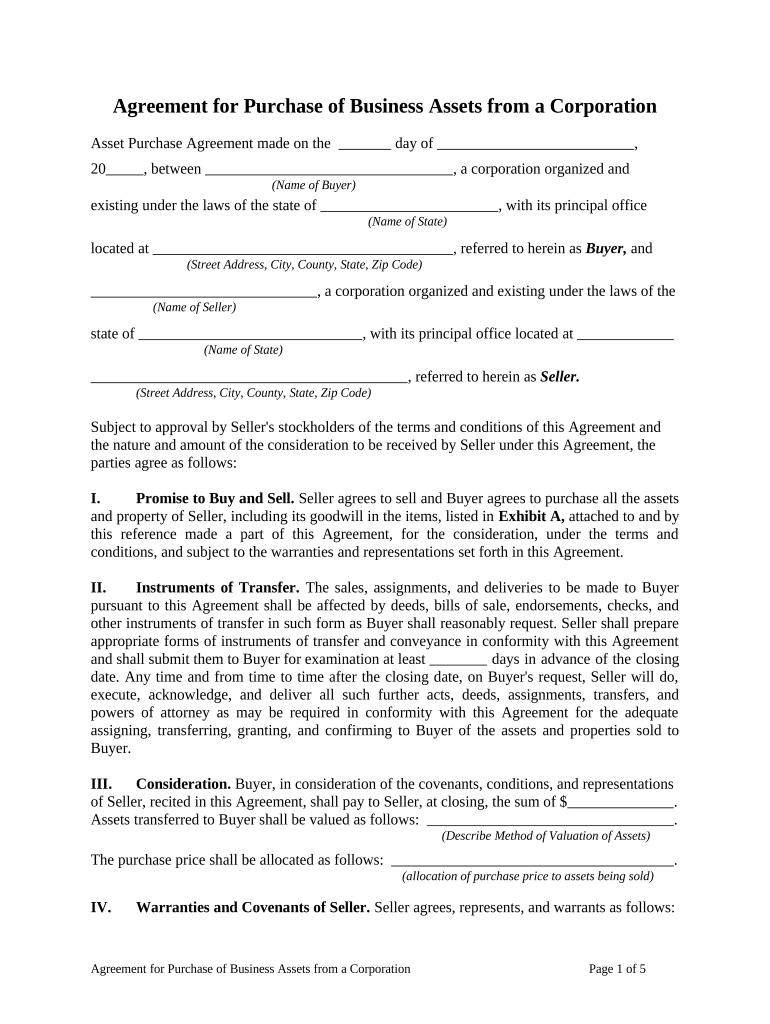 Agreement for Purchase of Business Assets from a Corporation  Form