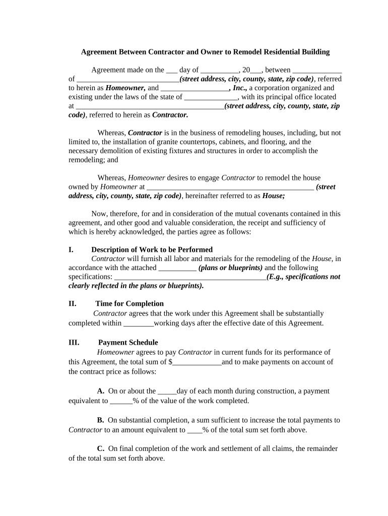 Agreement between Contractor and Owner to Remodel Residential Building  Form