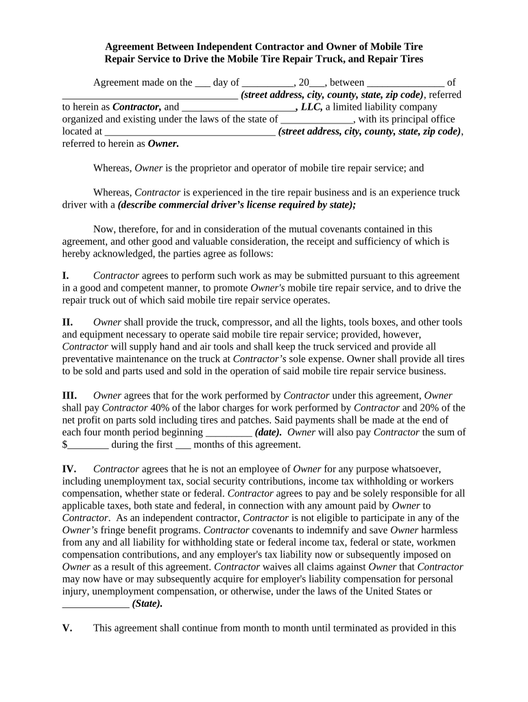 Agreement between Self Employed Independent Contractor and Owner of Mobile Tire Repair Service to Drive the Mobile Tire Repair T  Form