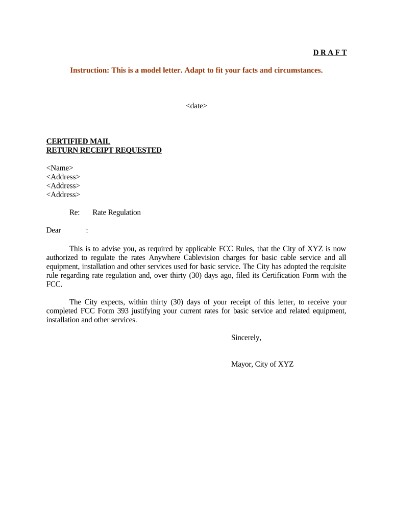 Sample Letter for Regulation of Cable Rates  Form