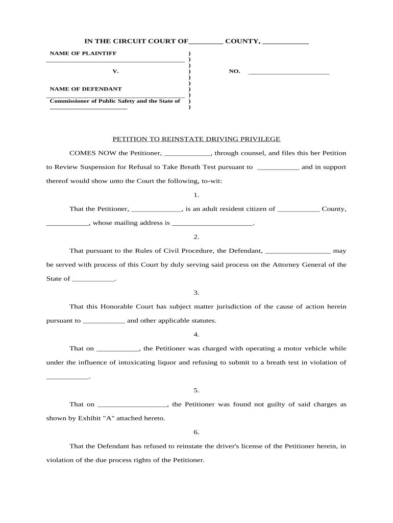 Petition to Reinstate Driving Privilege  Form