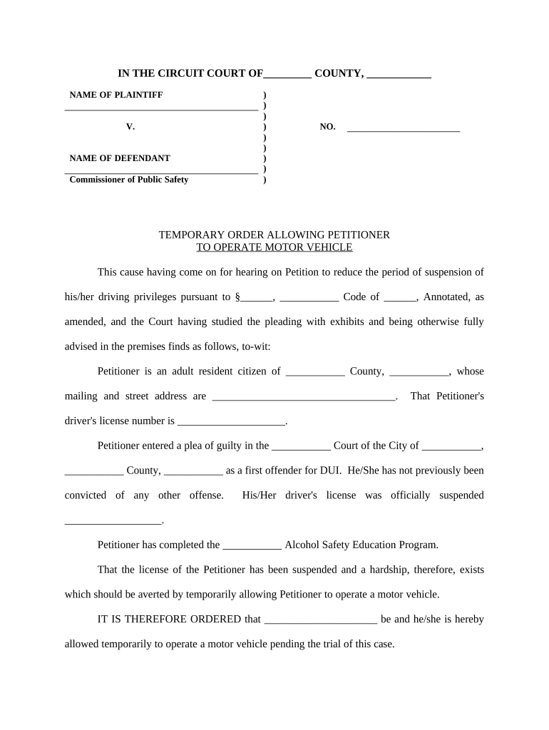 Temporary Order Allowing Petitioner to Operate Motor Vehicle  Form