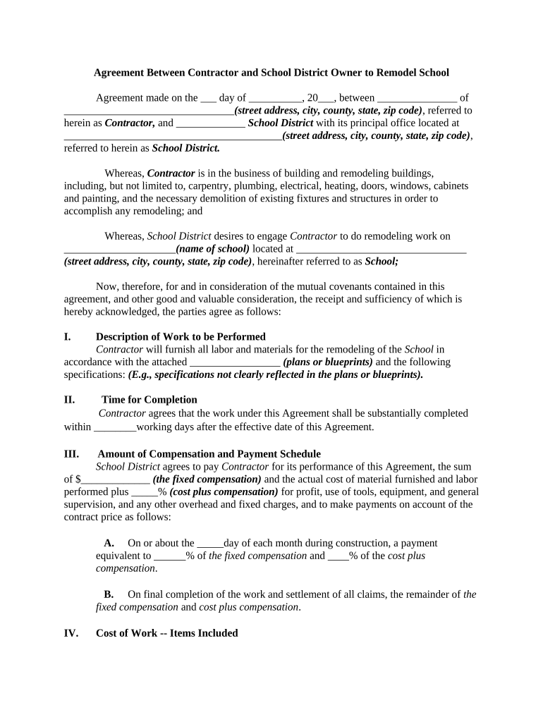 Between Contractor Owner Agreement  Form