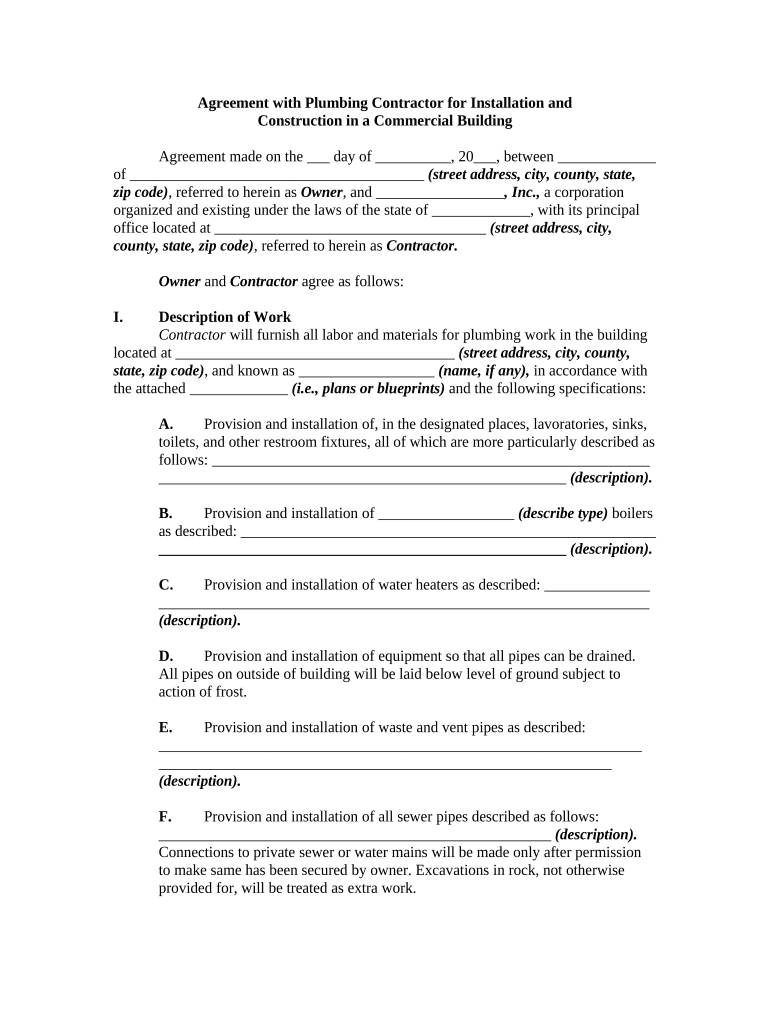 Agreement Plumbing  Form