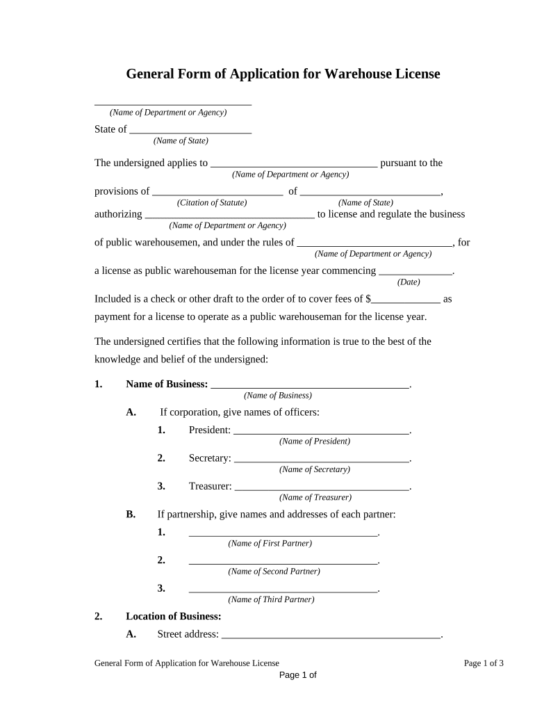 General Form of Application for Warehouse License