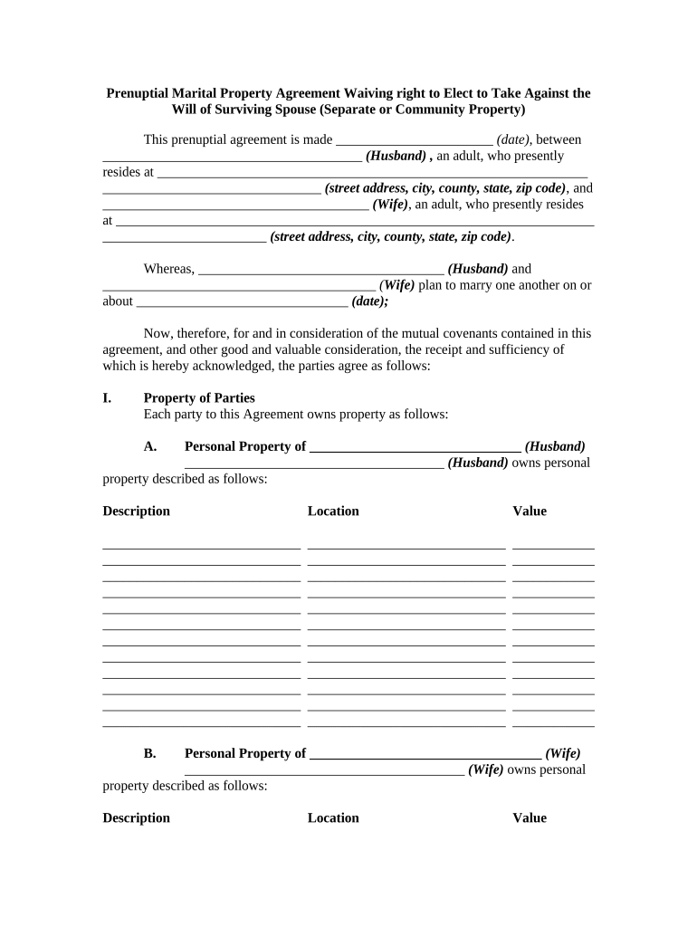 Prenuptial Marital Property Agreement Waiving Right to Elect to Take Against the Surviving Spouse Separate or Community Property  Form