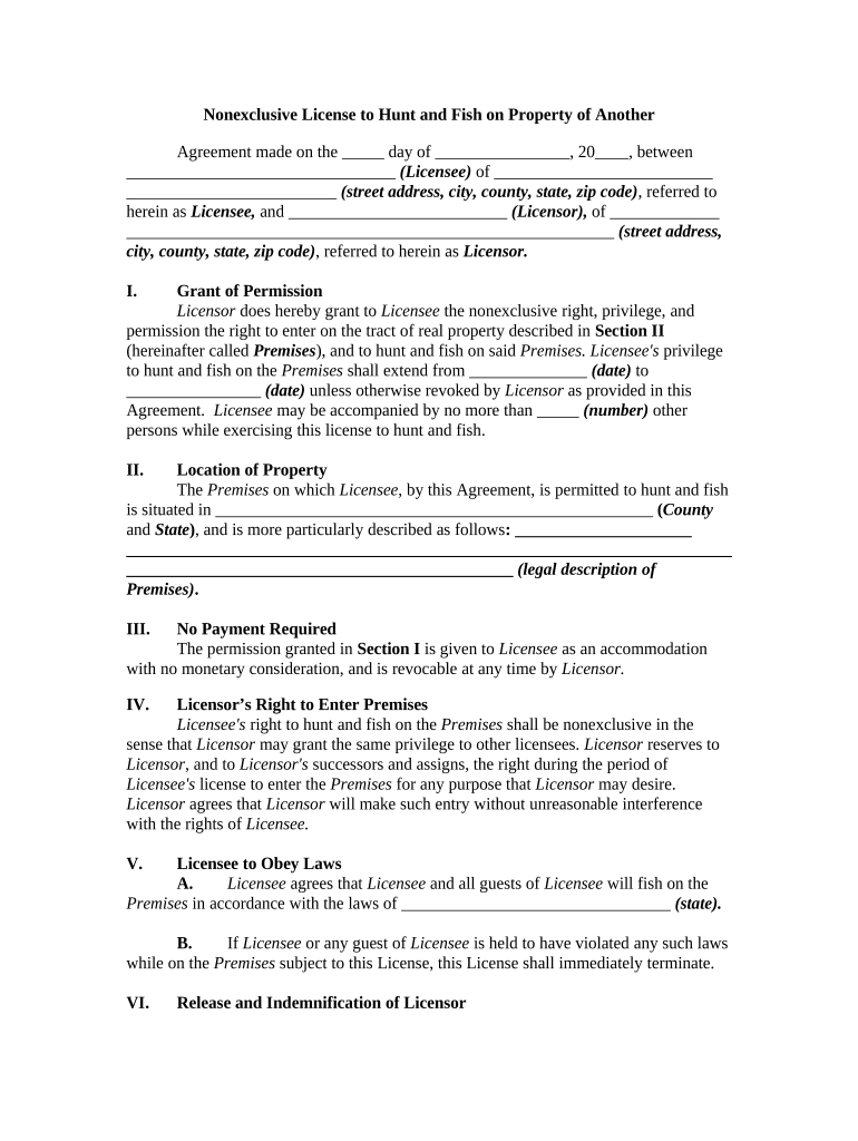 Nonexclusive License to Hunt and Fish on Property or Land of Another  Form