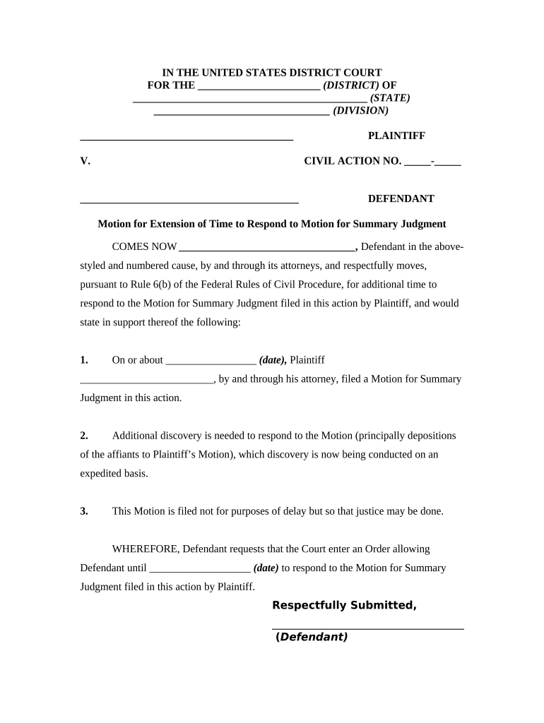 Motion Requesting Additional Time to Respond to Motion for Summary Judgment with Notice of Motion  Form