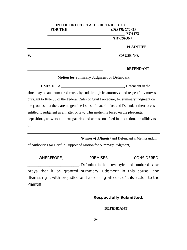 Motion for Summary Judgment  Form