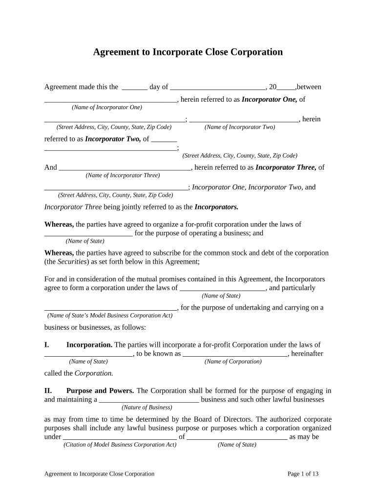 Close Corporation  Form