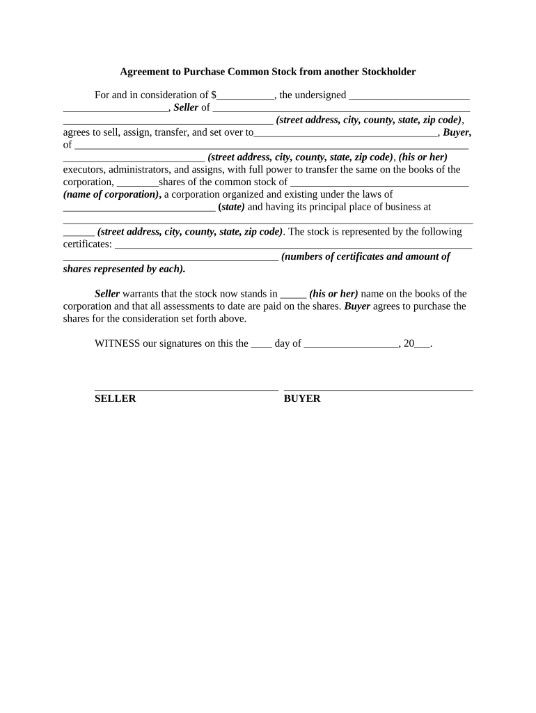 Agreement Common Stock Form