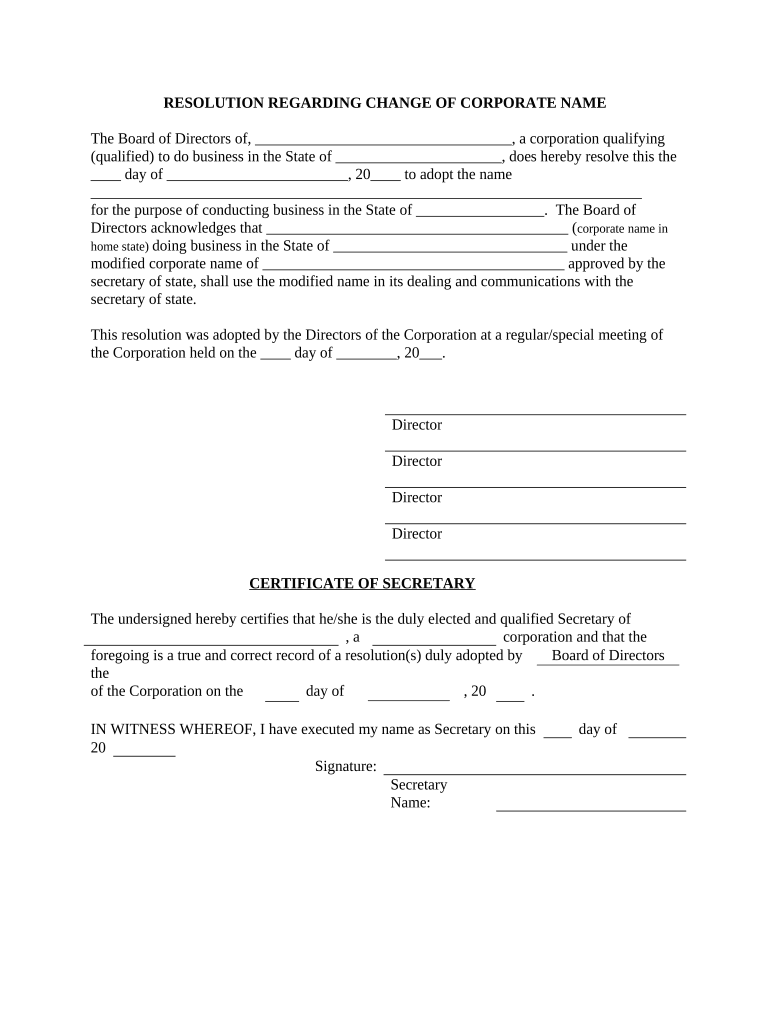 Resolution to Change Corporate Name  Form