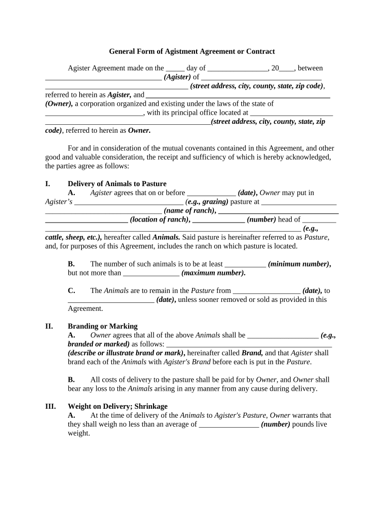 Agistment Agreement  Form