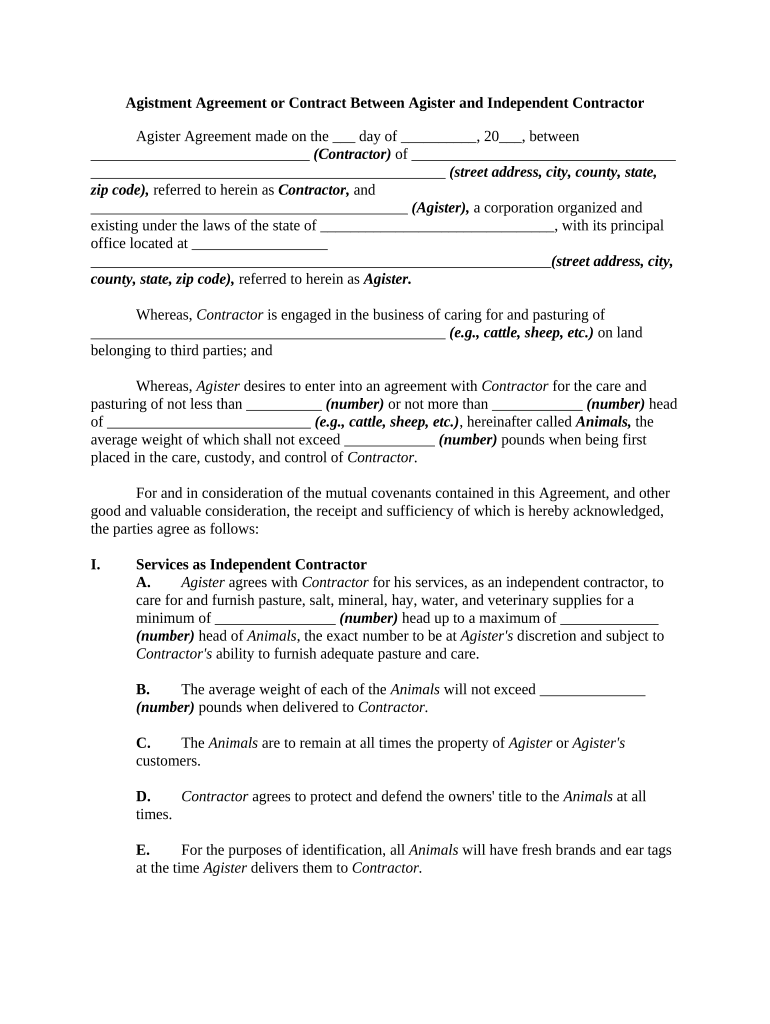 Agistment Agreement  Form