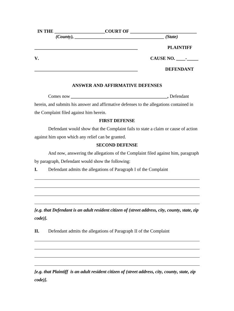 General Form of an Answer by Defendant in a Civil Lawsuit Admitting Part of the Allegations in a Paragraph of a Complaint but De