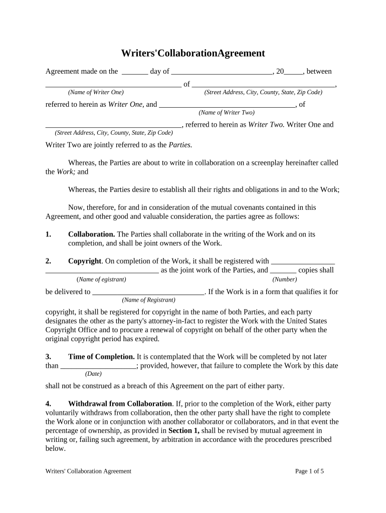 Writers' Collaboration Agreement  Form