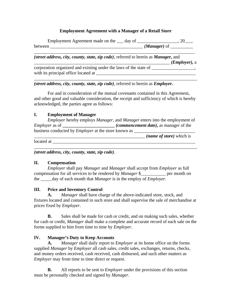 Agreement Retail Store  Form