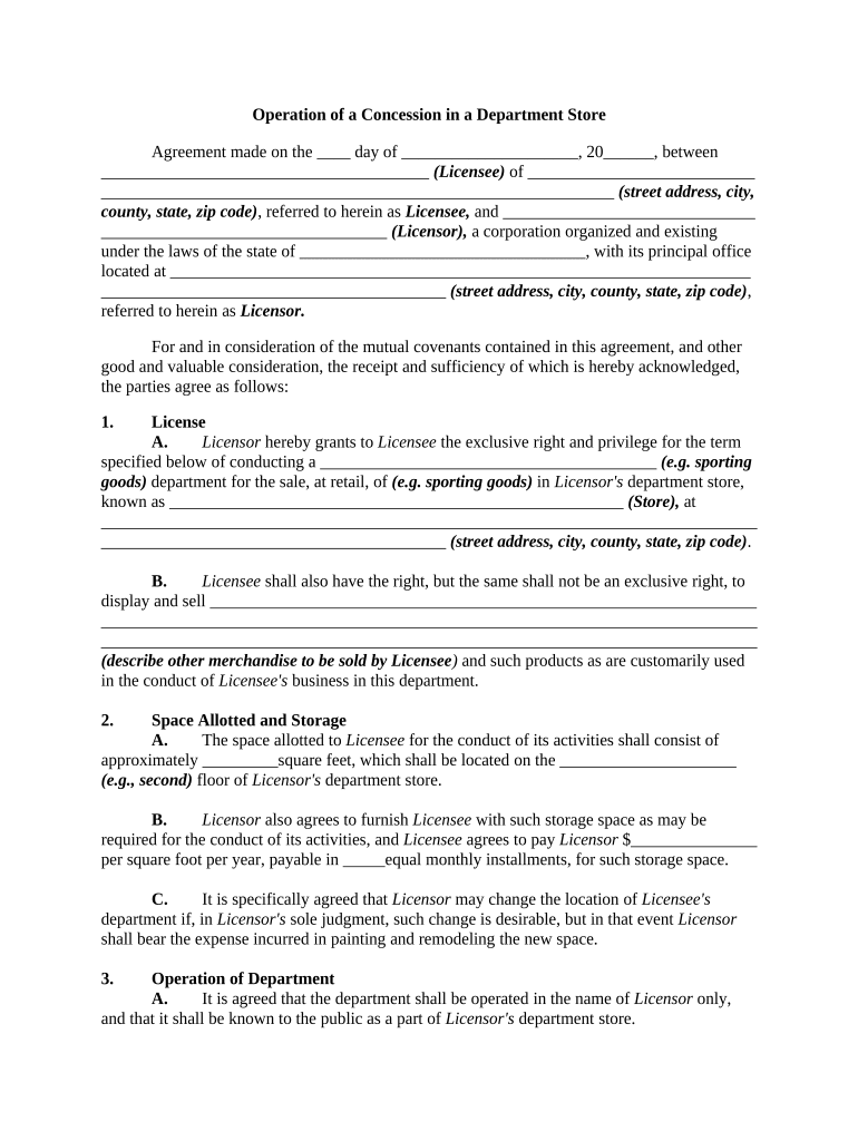 Operation of a Concession in a Department Store  Form