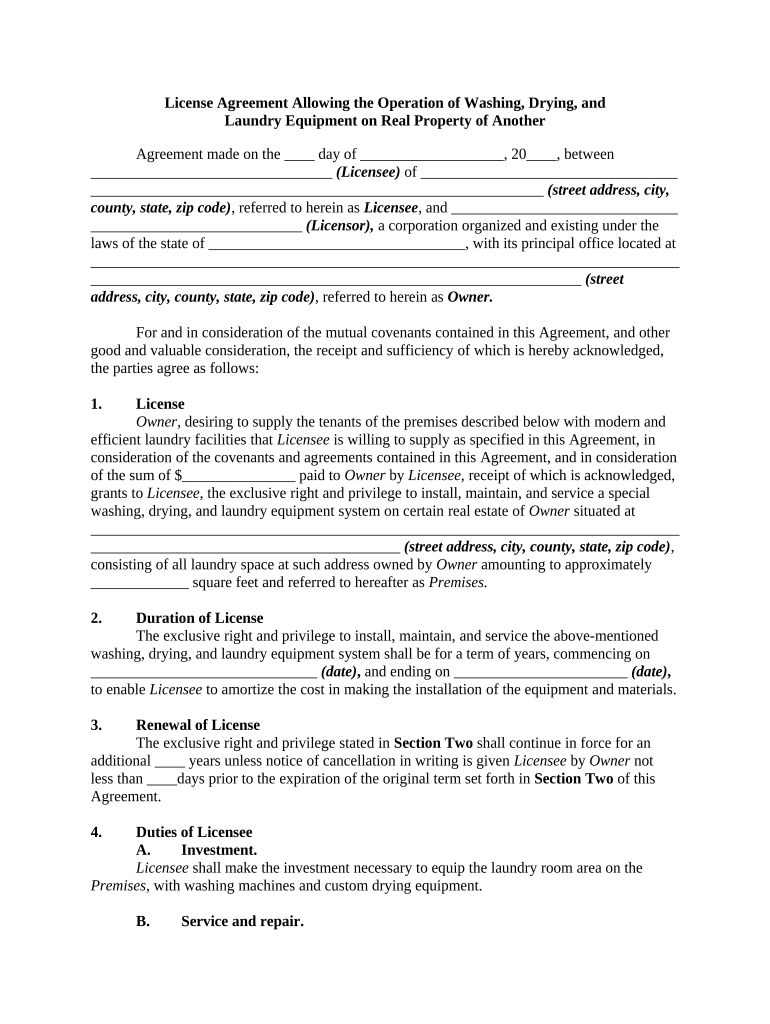 License Agreement Allowing the Operation of Washing, Drying, and Laundry Equipment on Real Property of Another  Form