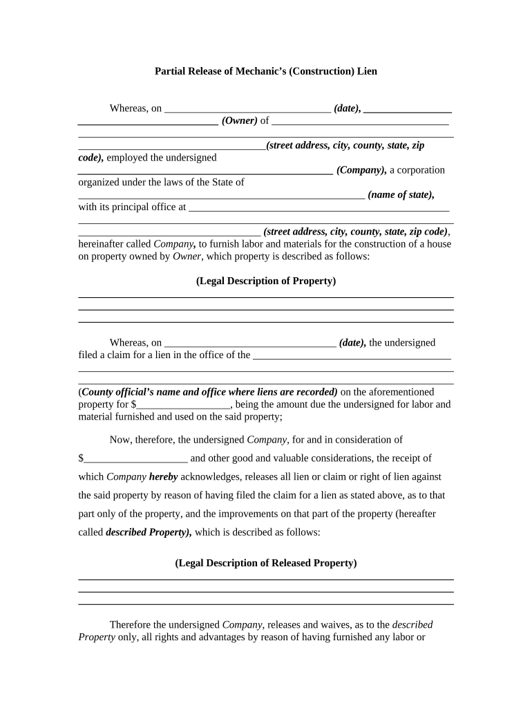 Partial Release Lien  Form