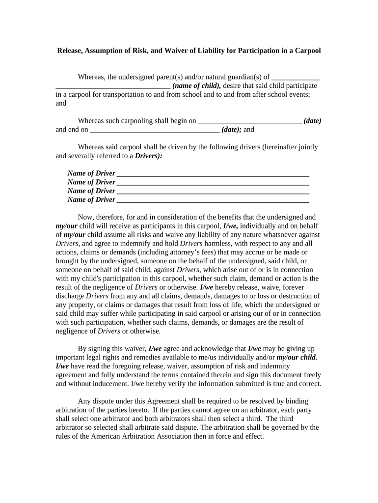 Release, Assumption of Risk, and Waiver of Liability for Participation in a Carpool or Ride Sharing  Form