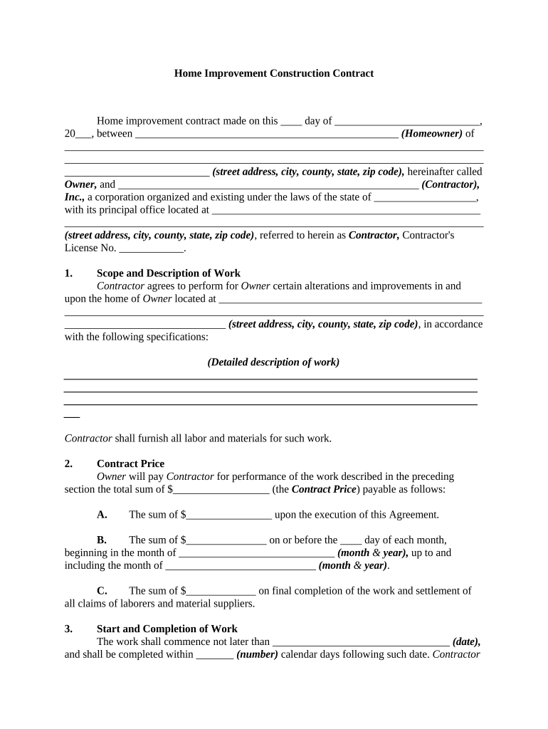 Home Improvement or Remodeling Construction Contract  Form