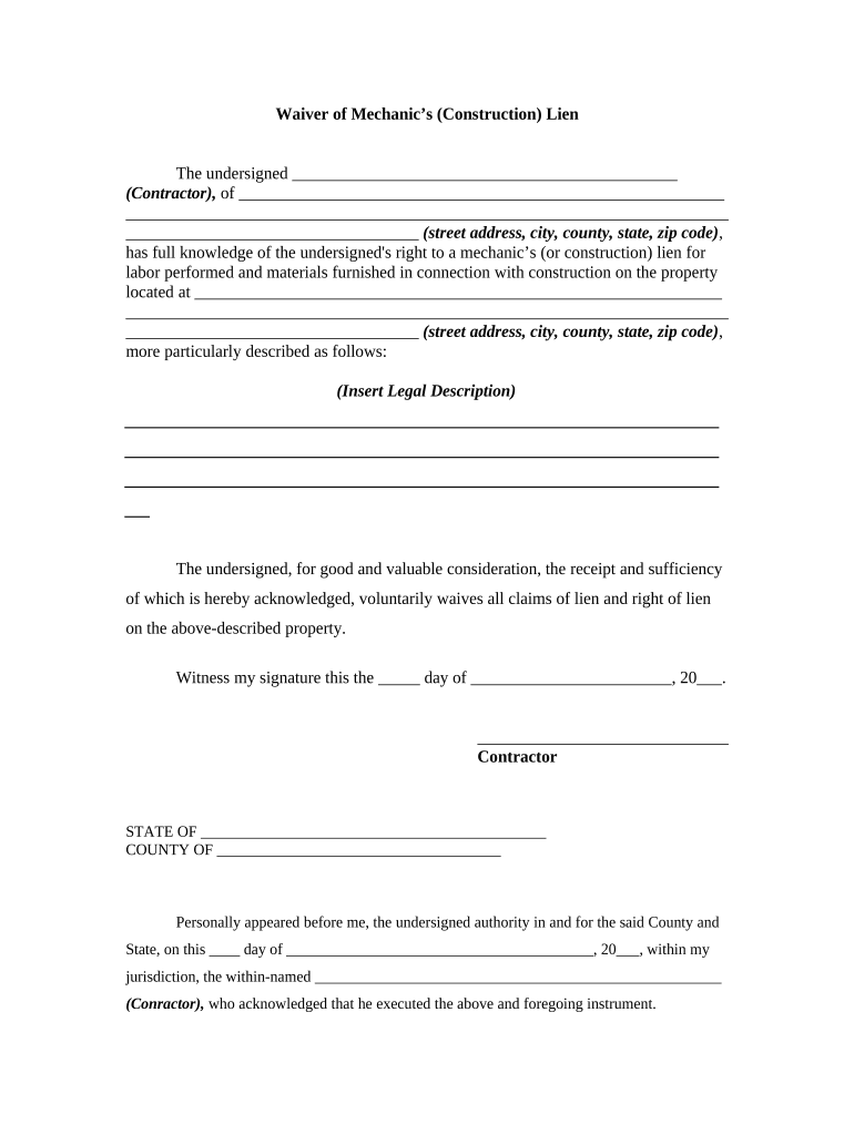 Waiver Construction Lien Contract  Form