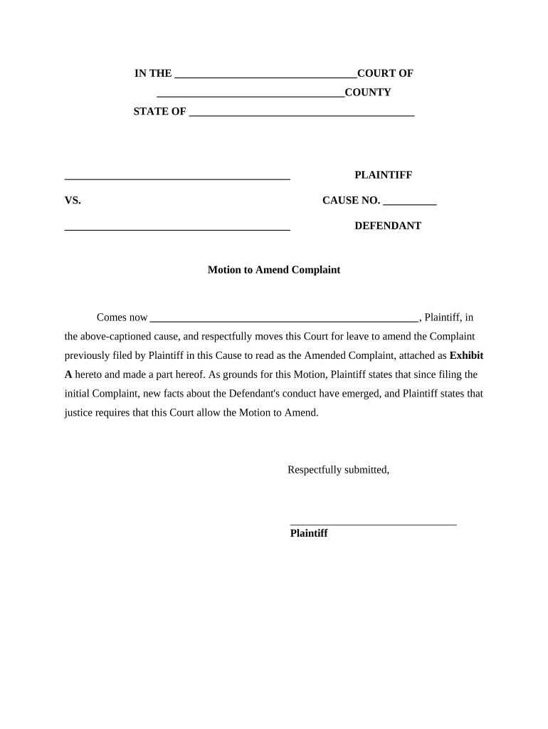 Motion to Amend Complaint Example  Form