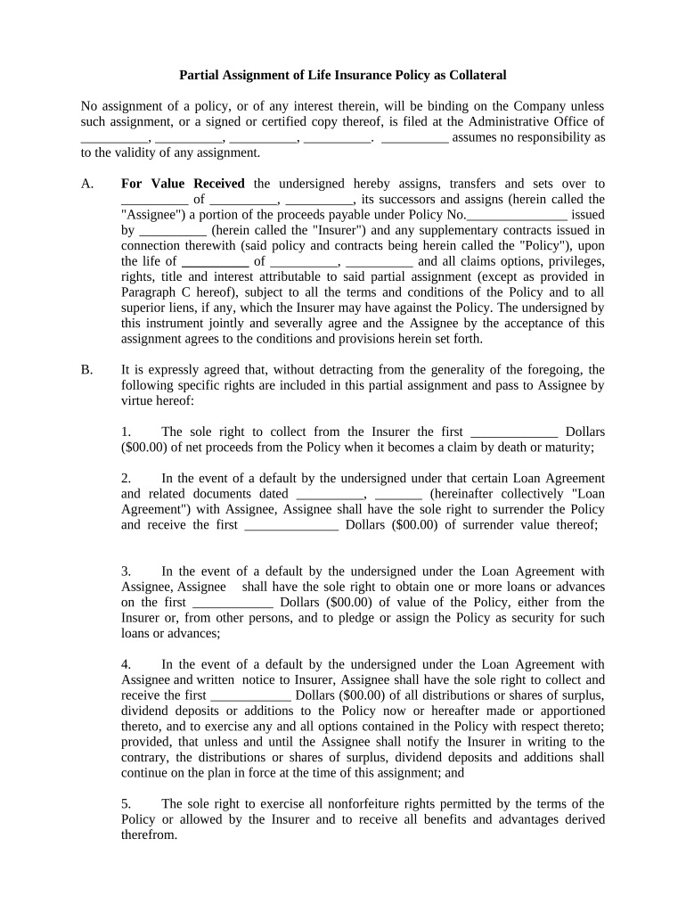 Collateral Assignment of Life Insurance Policy  Form