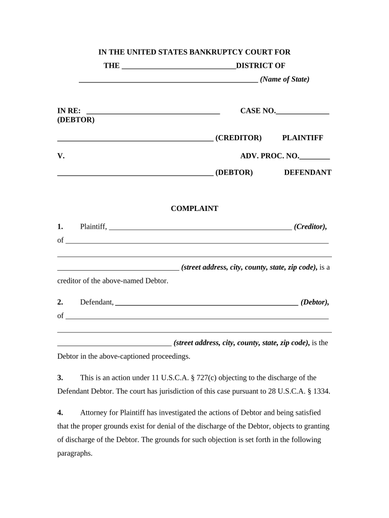 Complaint Objecting to Discharge in Bankruptcy Proceeding for Transfer, Removal, Destruction, or Concealment of Property within   Form