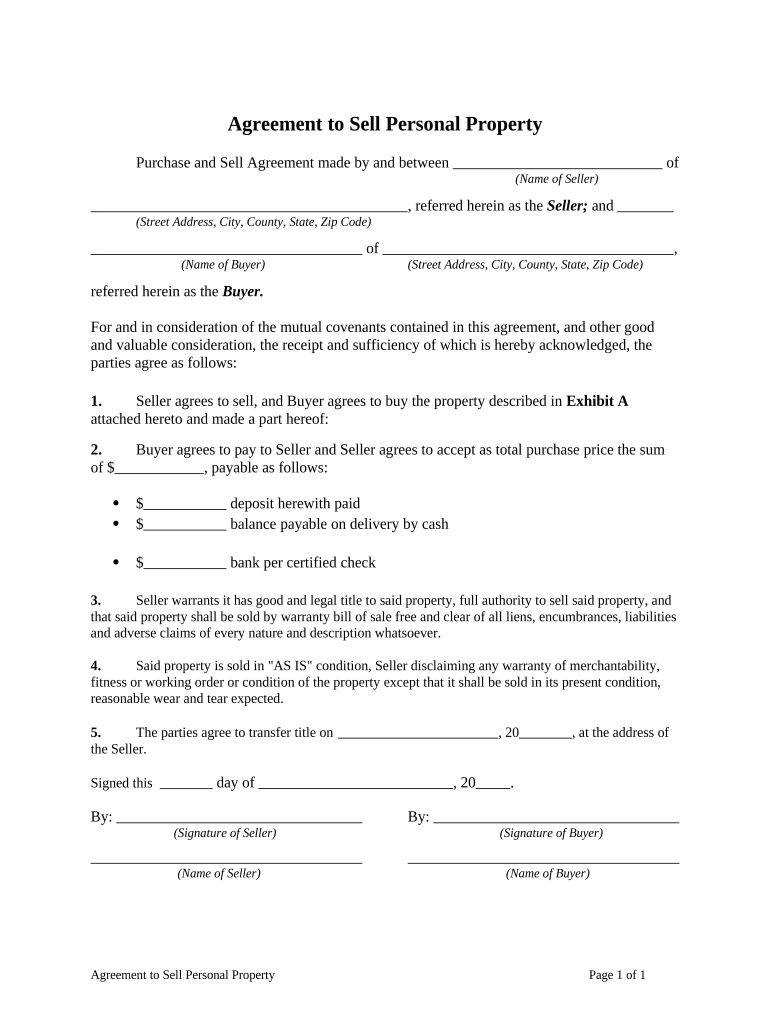 Fill and Sign the Agreement to Sell Personal Property PDF Form