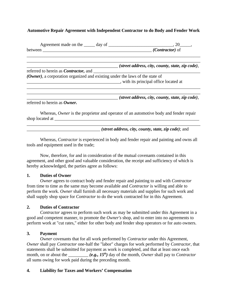 Mechanic Service Agreement  Form