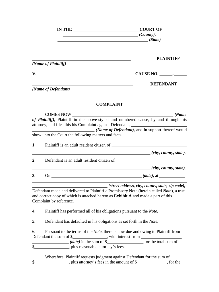 Complaint Promissory Note  Form