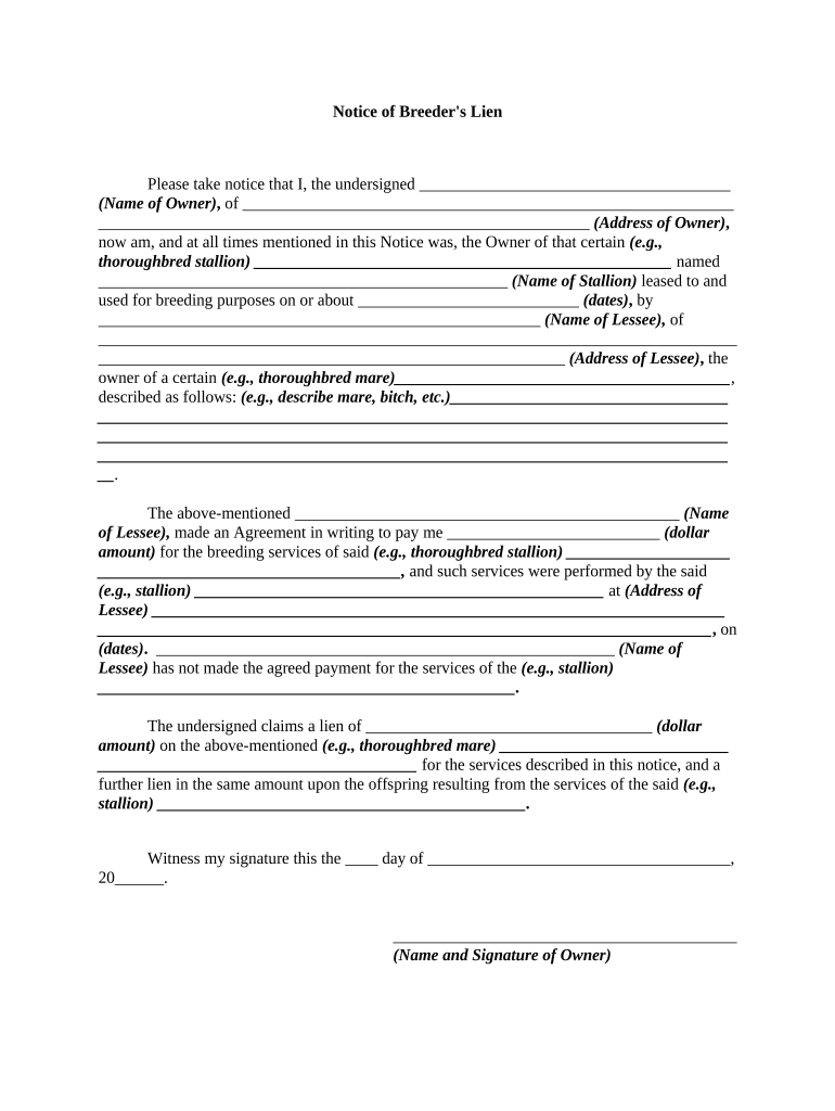 Notice of Breeder's Lien  Form