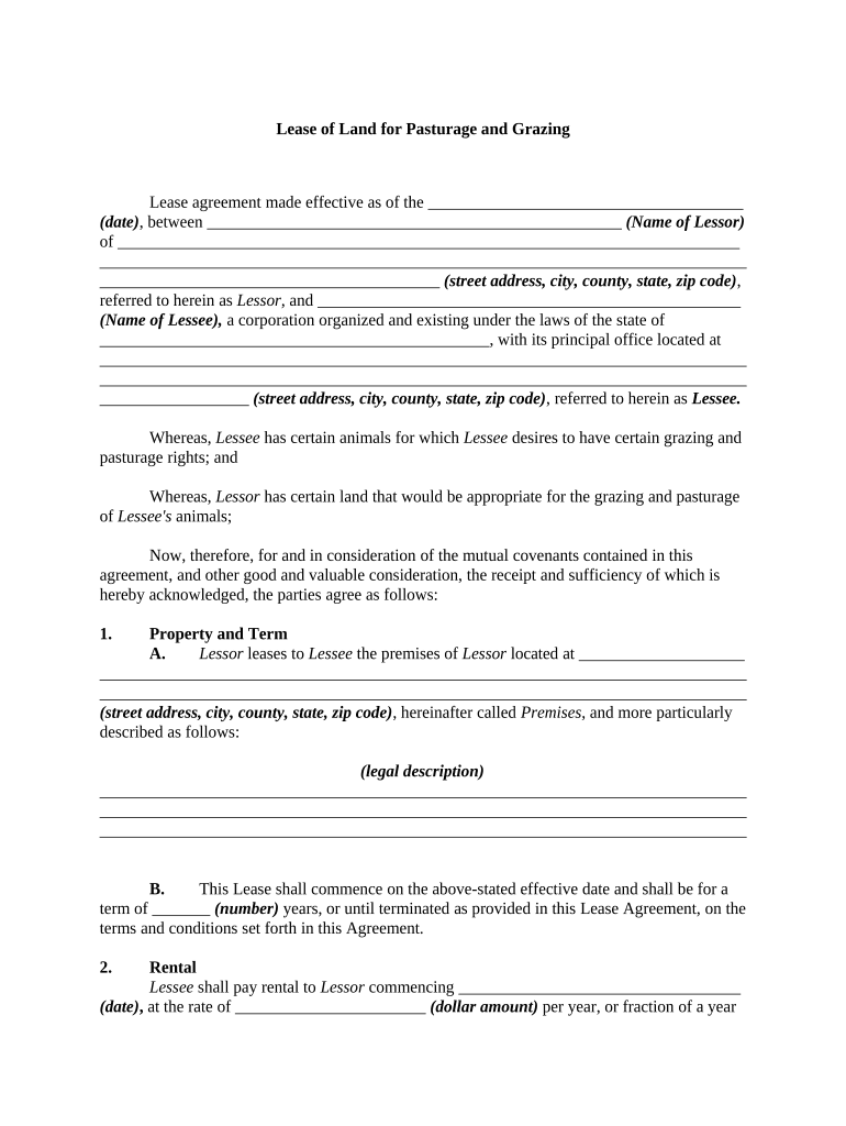 Cattle Land Lease Agreement  Form
