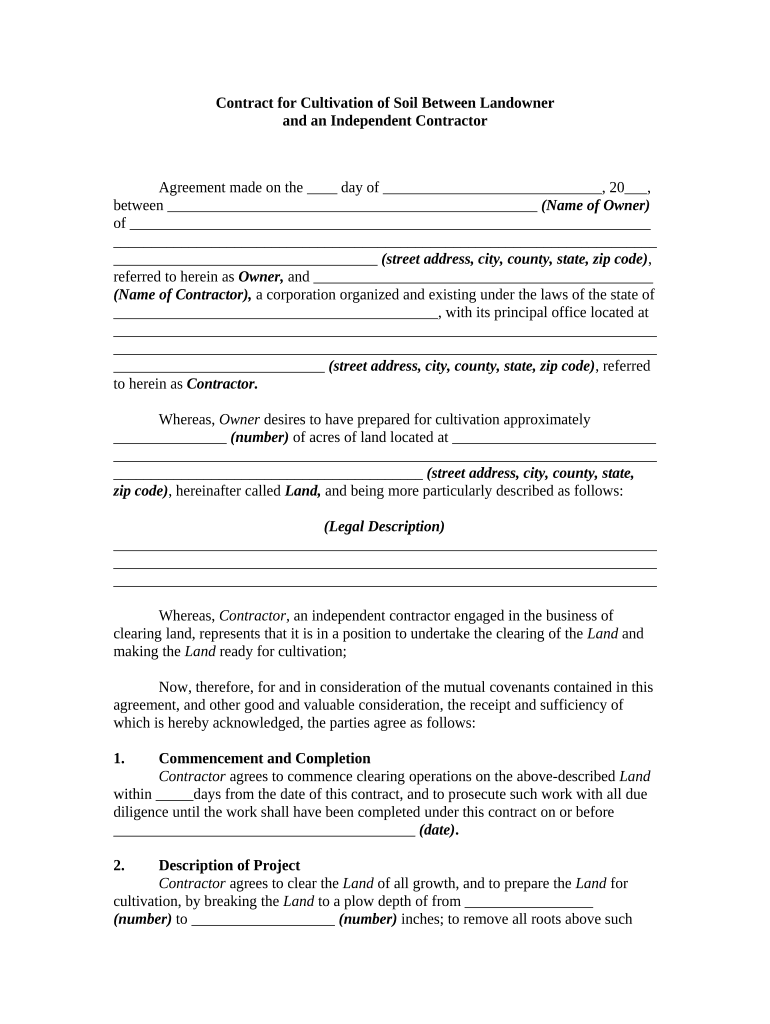 Contract for Cultivation of Soil between Landowner and Self Employed Independent Contractor  Form