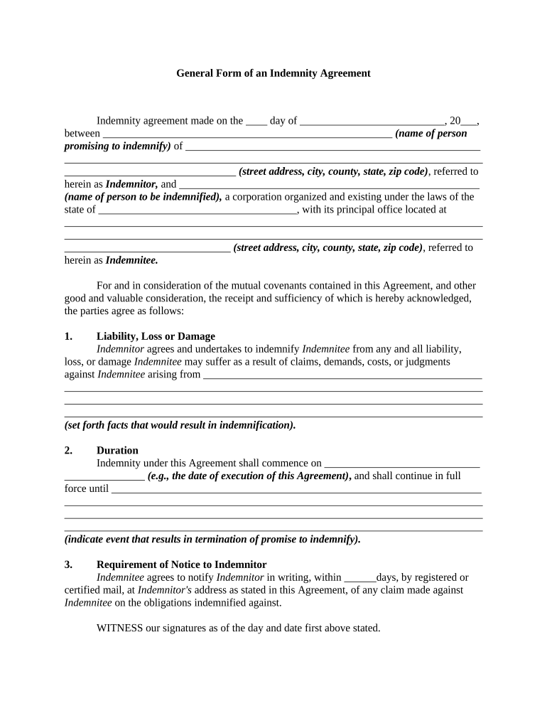 Indemnity Agreement  Form