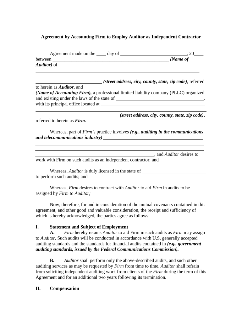 Agreement by Accounting Firm to Employ Auditor as Self Employed Independent Contractor  Form