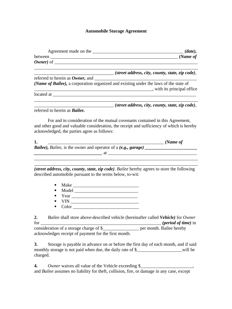 Automobile Storage Agreement  Form