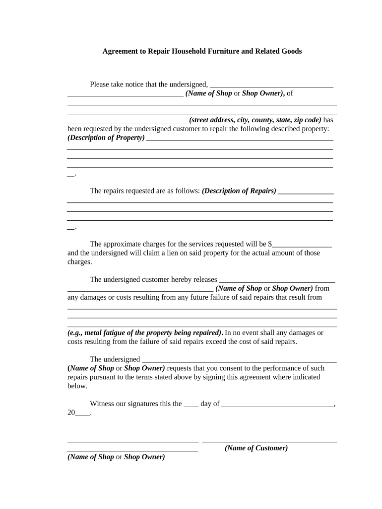 Agreement to Repair Household Furniture and Related Goods  Form