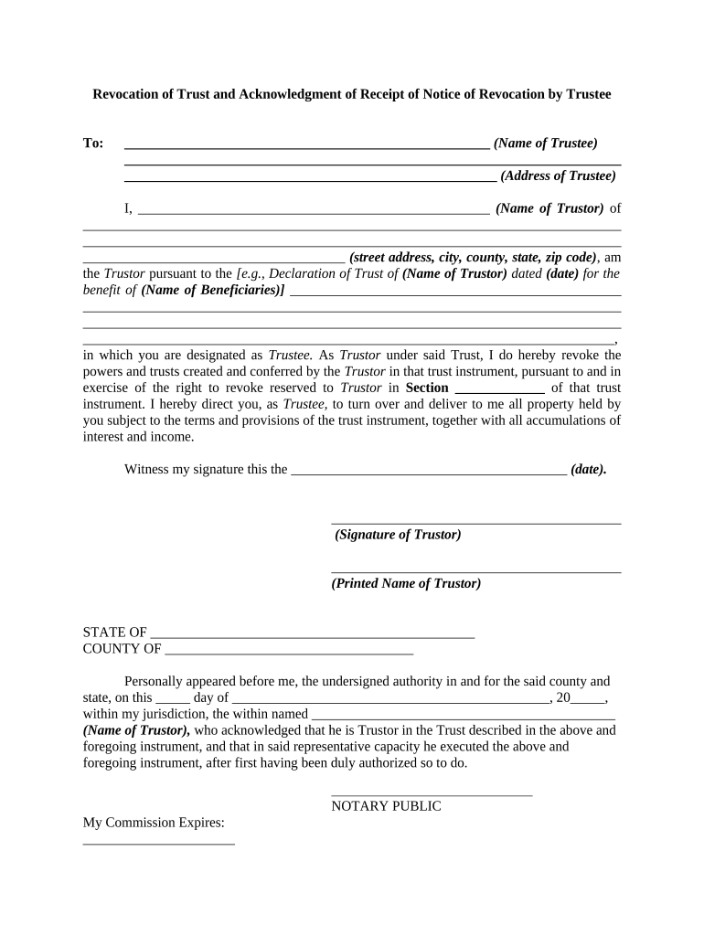 Revocation of Trust and Acknowledgment of Receipt of Notice of Revocation by Trustee  Form
