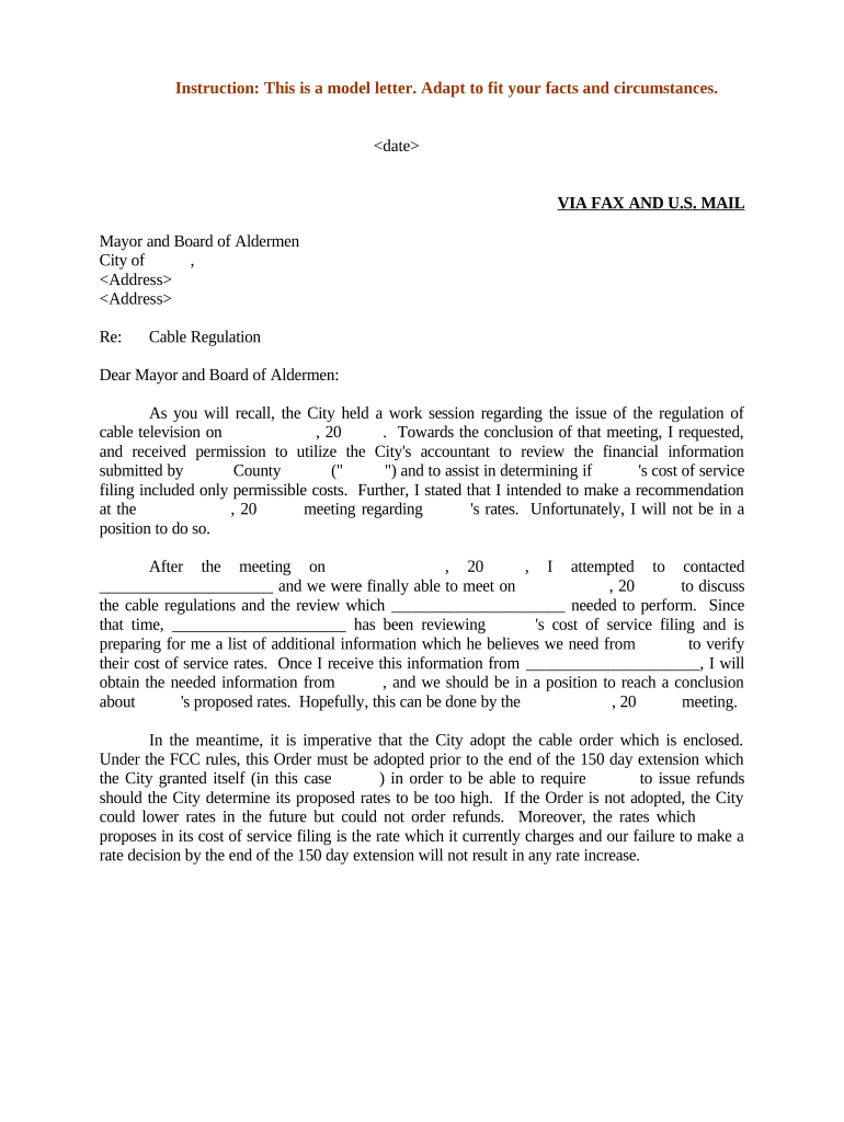 Sample Letter for Follow Up to Mayor and Board of Aldermen on Cable Rate Regulation  Form