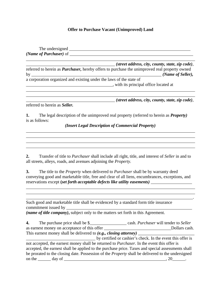 Offer to Purchase Vacant Unimproved Land  Form