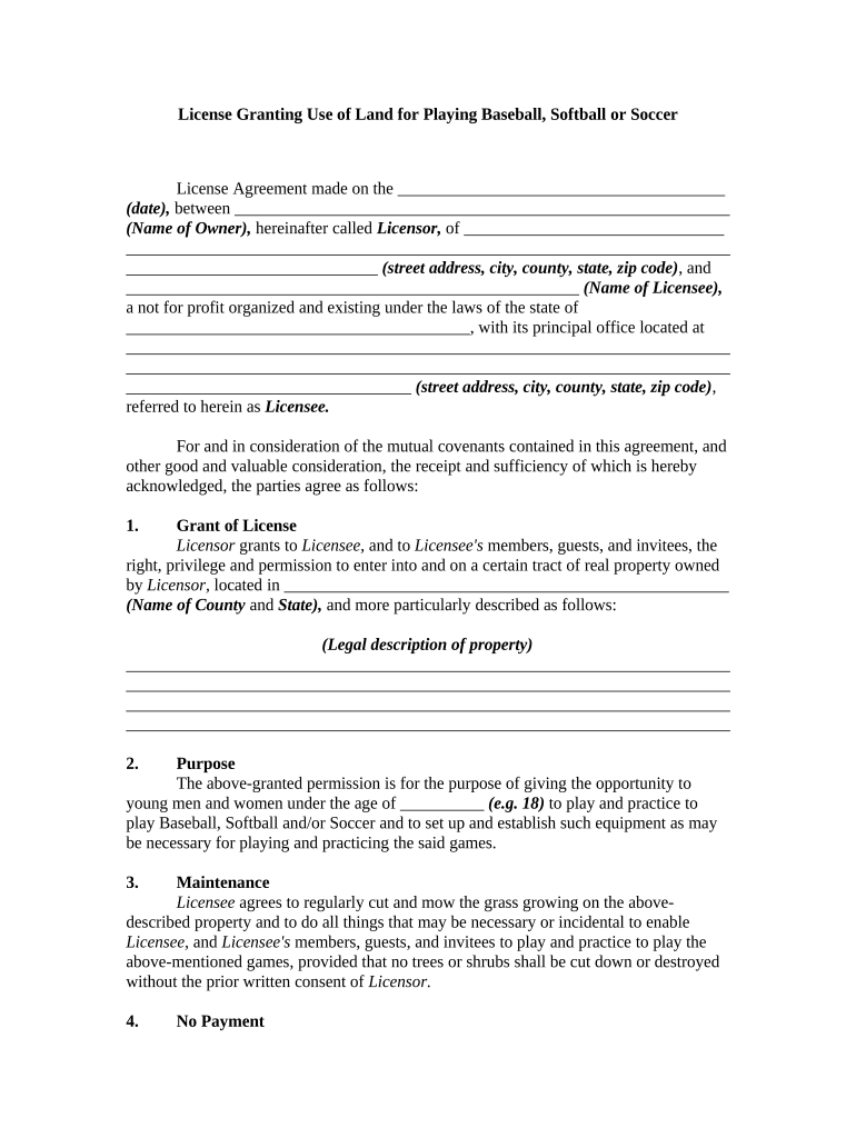 License Granting Use of Land for Playing Baseball, Softball or Soccer  Form