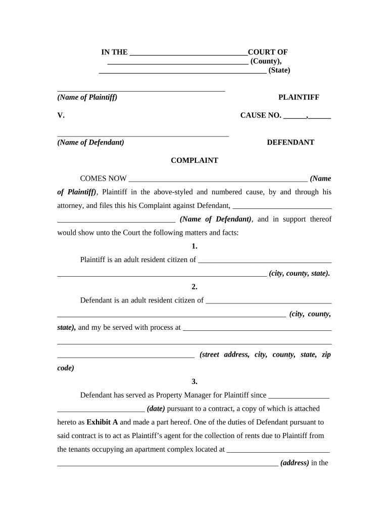 Complaint by Owner of Real Estate for Accounting and Payment of Amount Due from Property Manager  Form