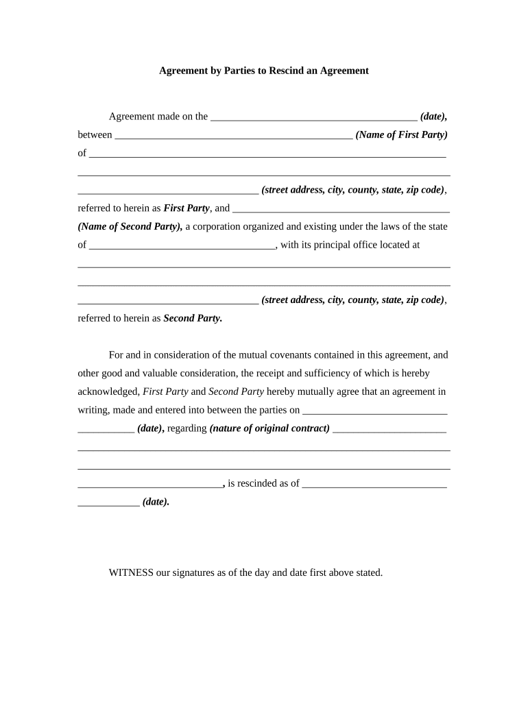 Agreement Rescind Purchase  Form