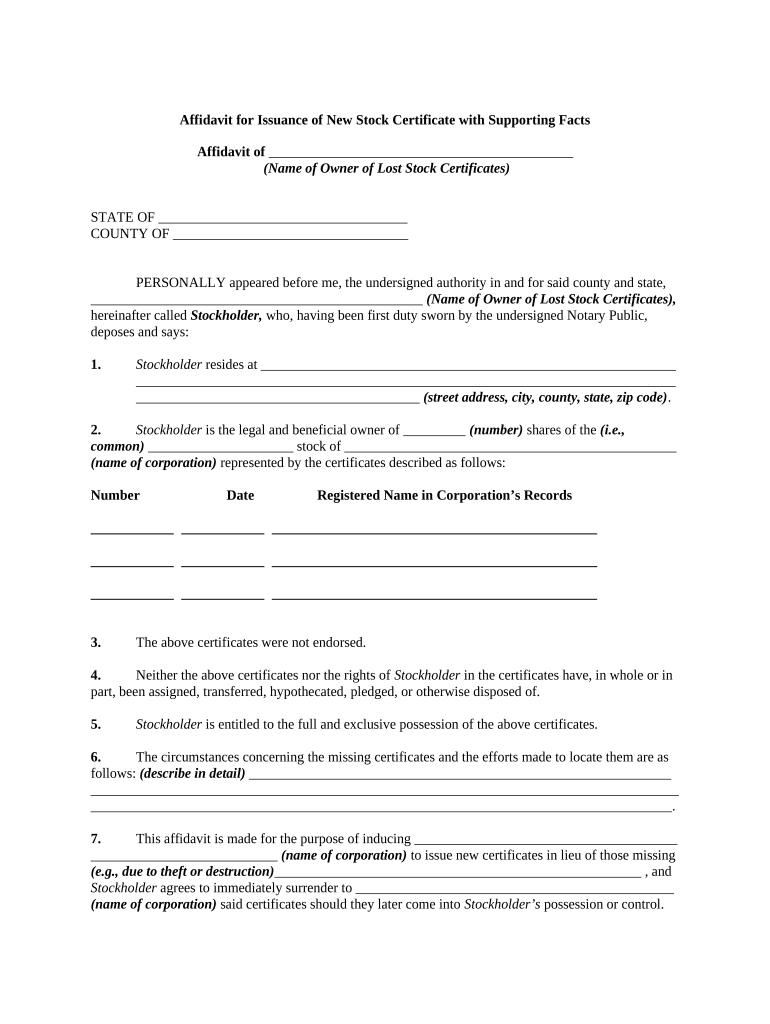 Stock Certificate  Form