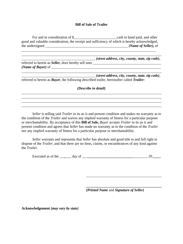 Trailer Sale Bill  Form