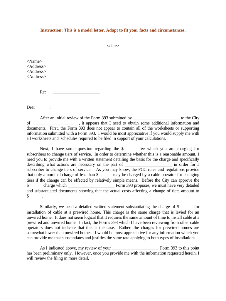 Sample Letter to Cable Provider Regarding Justification of Fees  Form